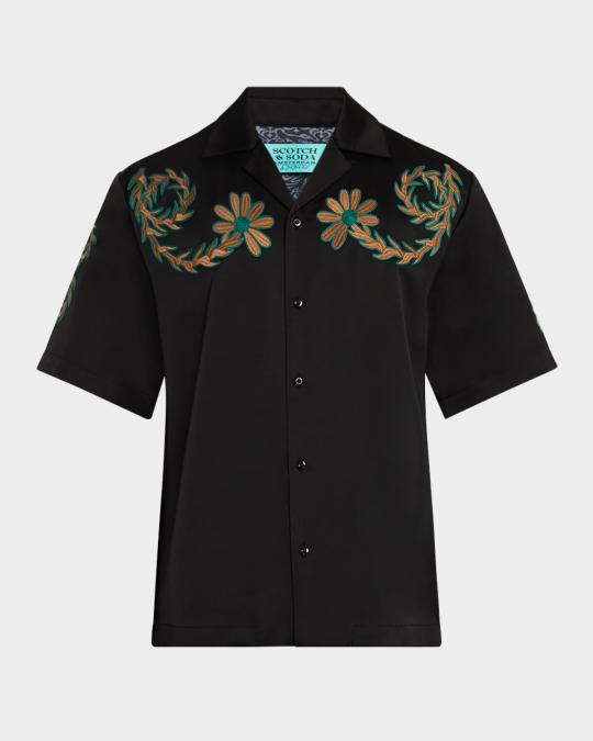 Scotch & Soda x Joe Jonas Men's Embroidered Camp Shirt | Neiman Marcus