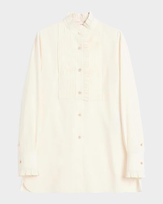 Valentino Garavani Pleated-Bib Ruffle Silk Shirt | Neiman Marcus