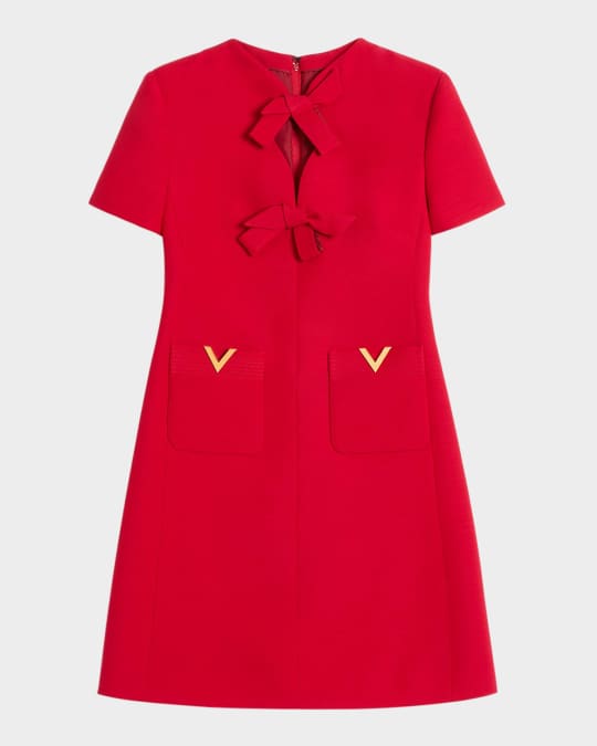 Valentino Garavani V-Logo Pockets Bow Crepe Mini Dress | Neiman Marcus