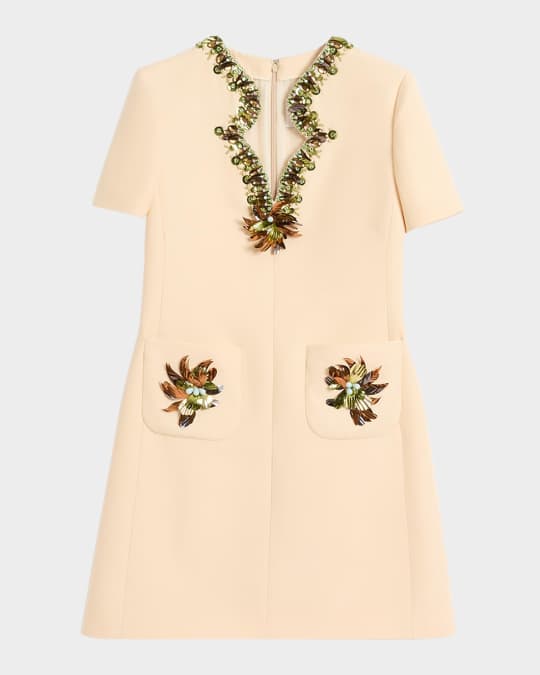 VALENTINO　Crepe tulle short sleeve tops Valentino Garavani Embellished Short-Sleeve Crepe Mini Dress