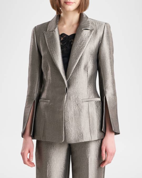 Peak-Lapel Metallic Jacquard Blazer