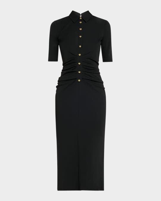 Ruched Button-Front Midi Polo Dress
