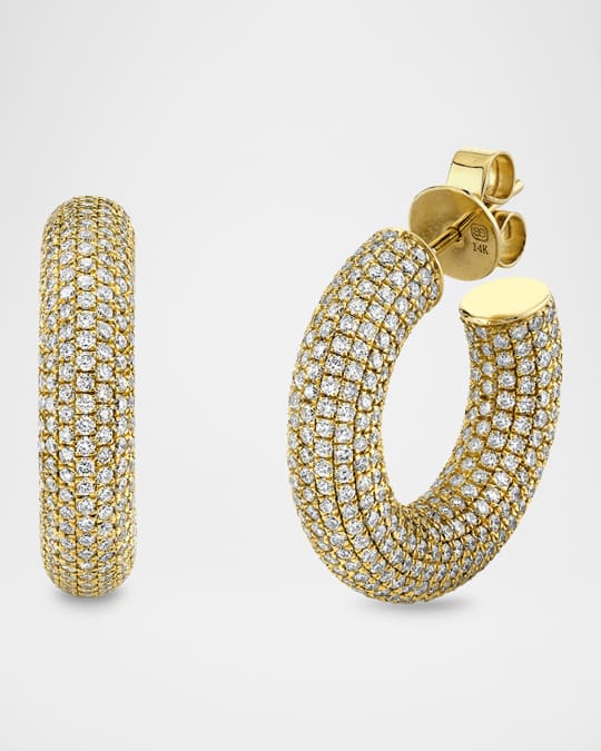 14K Gold Puffy Diamond Pave Small Hoop Earrings