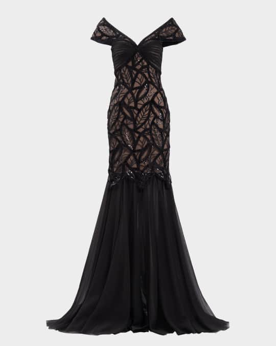 SALE!即発★TADASHI SHOJI★Cap-Sleeve Sequin ドレス Tadashi Shoji Cap-Sleeve Sequin Velvet Lace Gown | Neiman Marcus