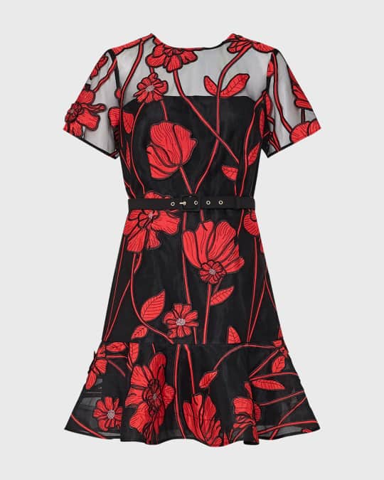Rosie Belted Floral-Embroidered Mini Dress
