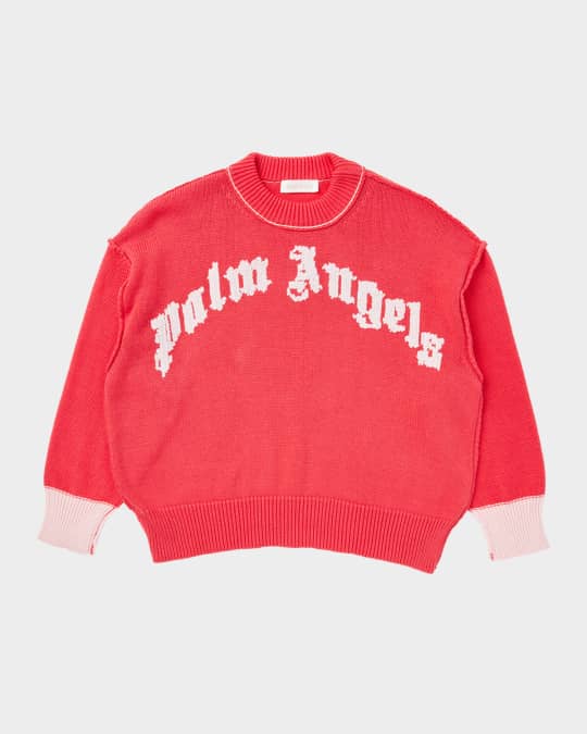 Girl's Curved Logo Intarsia Sweater, Size 4-12