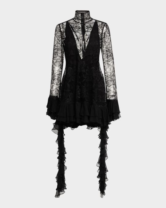 Aliya Long-Sleeve Ruffle Lace Mini Dress