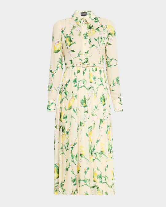 Lemon-Print Long-Sleeve Pleated Midi Shirtdress With Belt