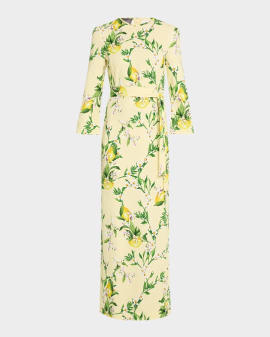Monique Lhuillier Lemon-Print Bracelet-Sleeve Sheath Maxi Dress | Neiman  Marcus