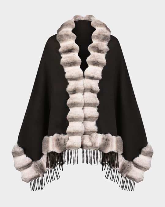Cashmere Blend Cape W/ Chinchilla-Like Trim