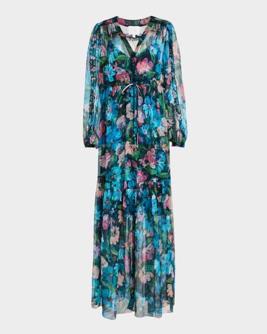 knee length dresses for ladies Hunter Green and Rust Floral Print Mock Halter Neck Tiered Maxi Dress Small main image 1