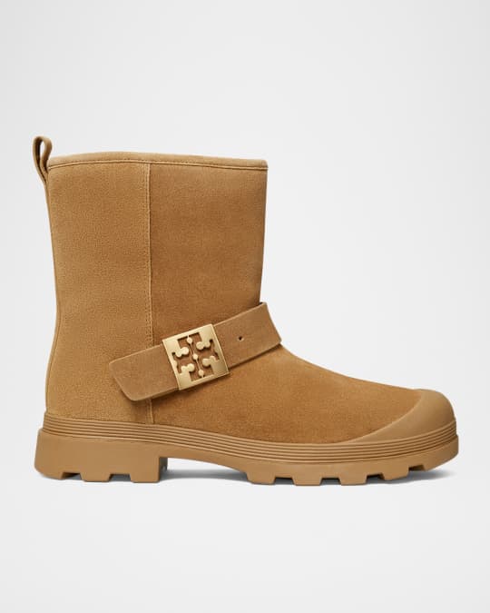 Tory Burch Mellow Suede Shearling Buckle Cozy Booties | Neiman Marcus