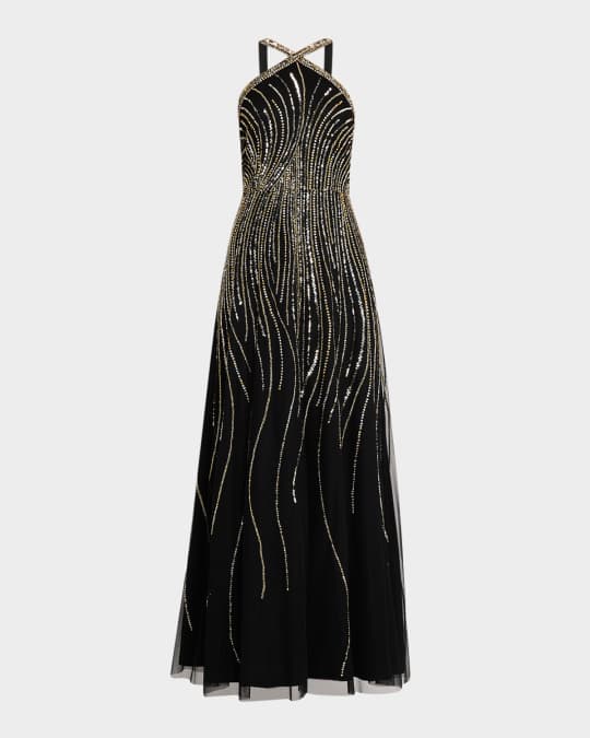 Aidan Mattox Beaded A-Line Halter Gown | Neiman Marcus