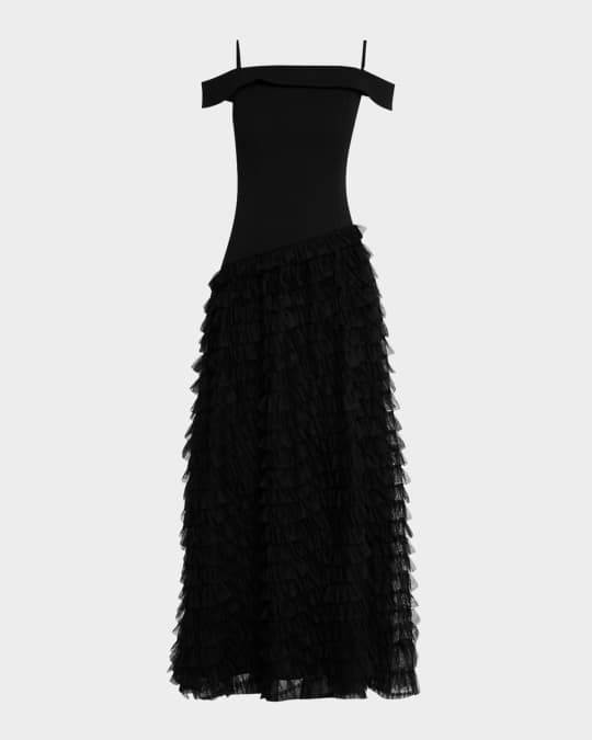 Aidan Mattox Cold-Shoulder Ruffle Tulle Ballgown Neiman Marcus