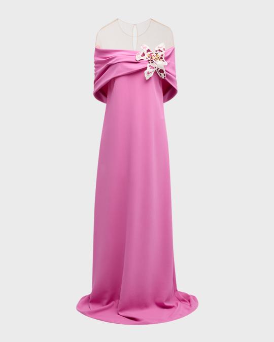 oscar de la renta watercolor orchid cocktail dress Oscar de la Renta Watercolor Orchid Off-The-Shoulder Illusion Caftan Gown