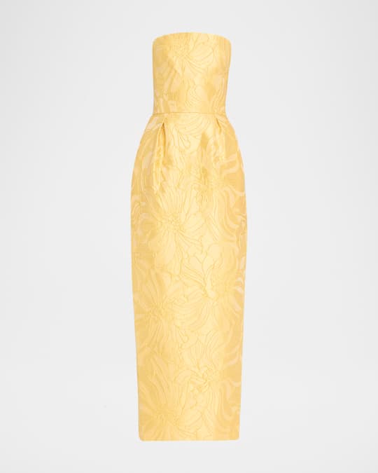 Strapless Floral Jacquard Pleated Ankle Dress