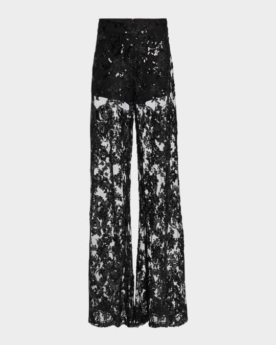Athena Embellished Sheer Lace Wide-Leg Pants