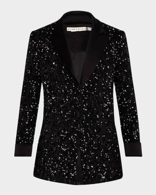 Alice Olivia Justin Sequined Combo Rolled-Cuff Blazer Neiman