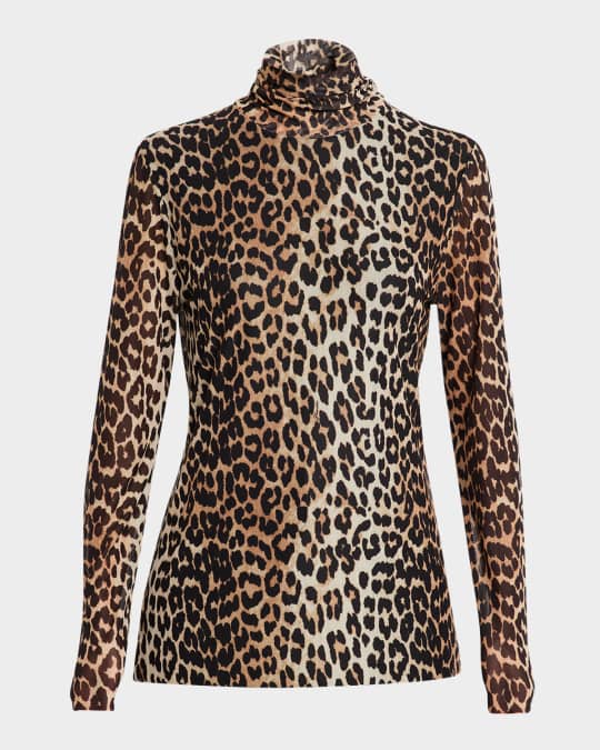 Long-Sleeve Leopard Mesh Turtleneck