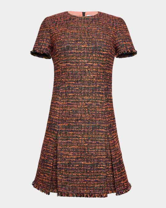 Pleated Fringe-Trim Tweed Dress