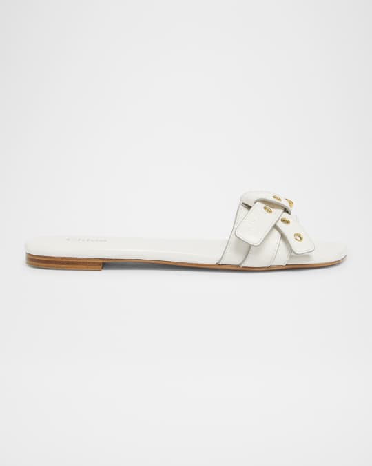 Chloe Mae Leather Buckle Flat Slide Sandals | Neiman Marcus