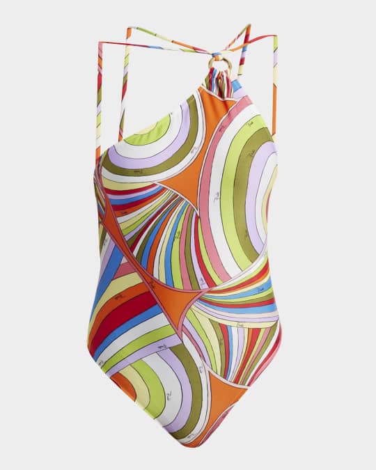 Pucci Iride-Print Asymmetric Halter One-Piece Swimsuit