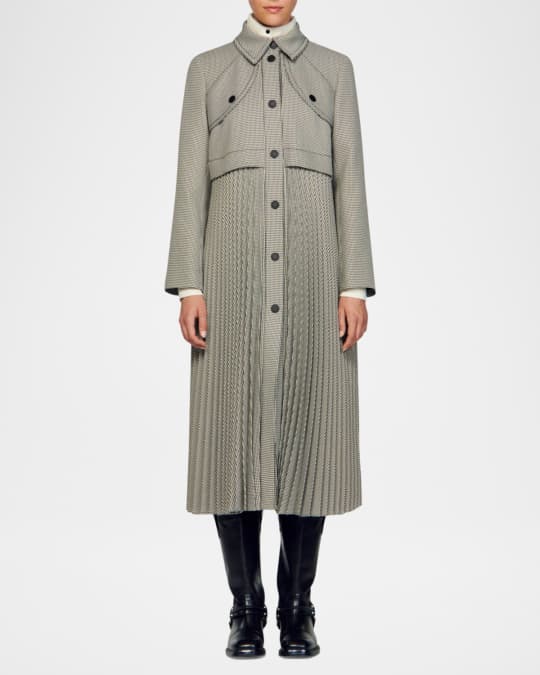 Sandro Mathilda Pleated Houndstooth Trench Coat | Neiman Marcus