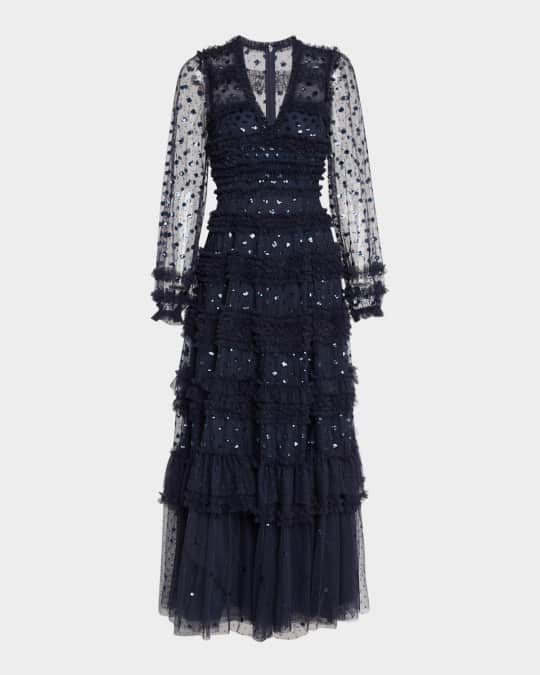 Vivian Tiered Ruffle-Trim Sequin Ankle Gown