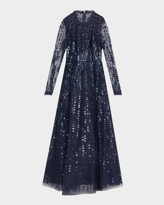 Raindrop Sheer-Sleeve Sequin Ankle Gown