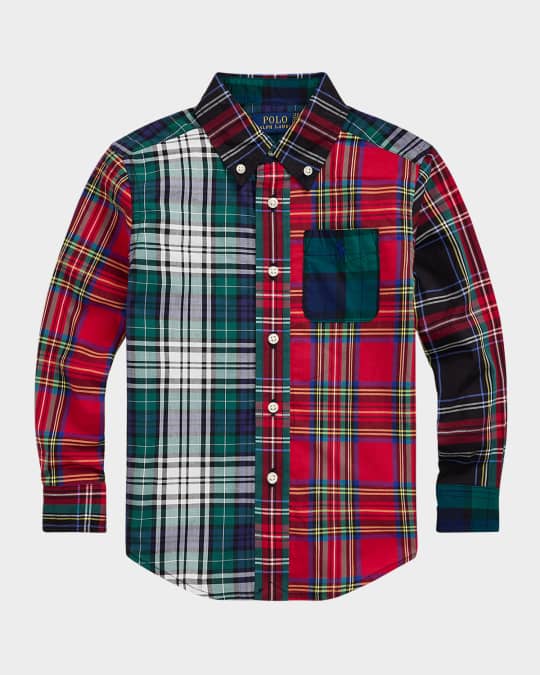  Boy's Two-Toned Plaid-Print Sport Shirt, Size S-XL