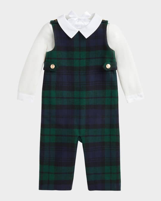 Boy's Plaid-Print Overalls W/ Bodysuit Set, Size 9M-24M