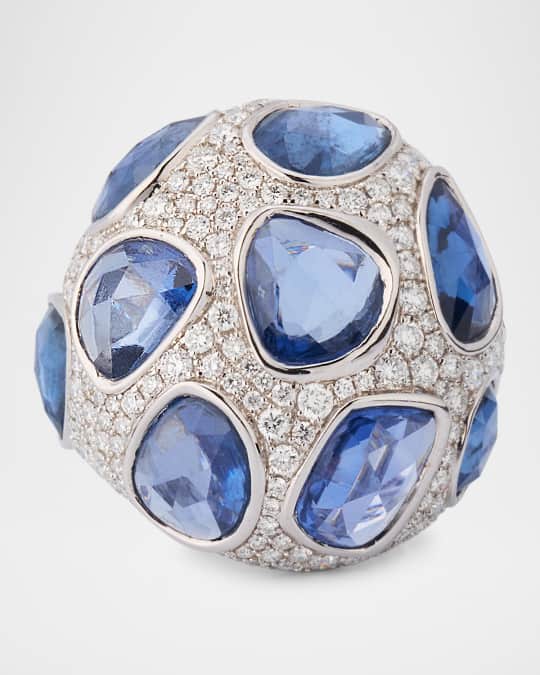 18K White Gold Blue Sapphire and Diamond Statement Ring, Size 6.5