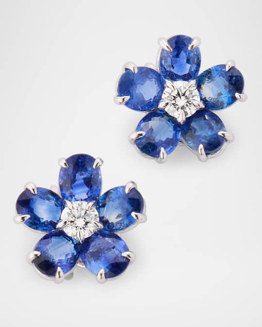 18K White Gold Blue Sapphire and Diamond Flower Earrings