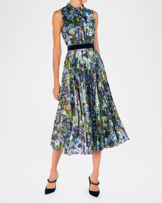 Hollie Clover Lapis-Print Pleated Lame Midi Dress