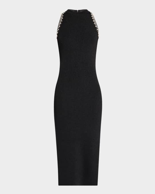 Izel Crystal Halter Ribbed Midi Dress