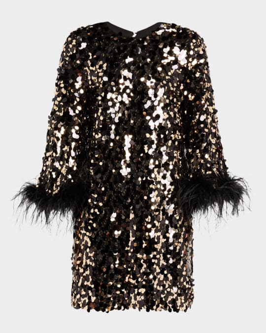 Trina Turk Juliet Feather-Cuff Sequin Mini Dress | Neiman Marcus