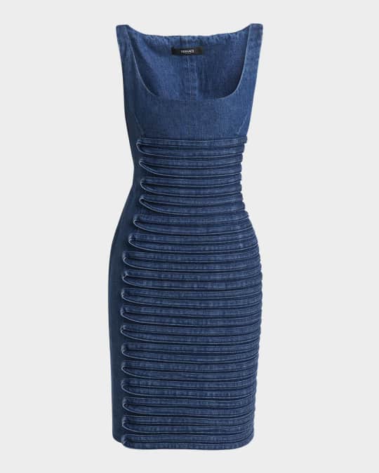 Versace Stripe Embroidered Sleeveless Denim Dress | Neiman