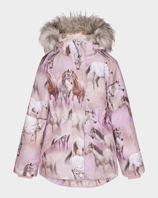 Girl's Cathy Praire Horse-Print Faux Fur Coat, Size 4-7