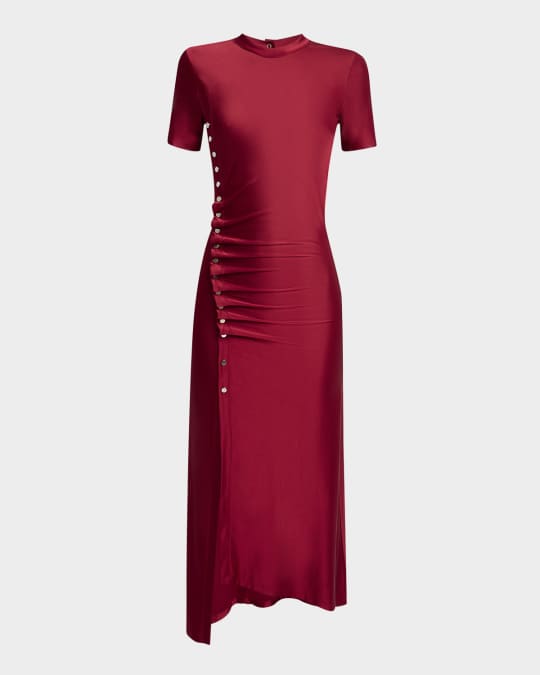 Side Button Ruched Midi Dress