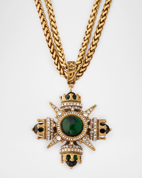 Two-Row Chain Rhinestone and Emerald Crown Pendant Necklace