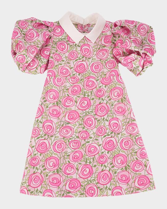 Girl's Rose-Print Balloon Sleeve Dress, Size 3T-12
