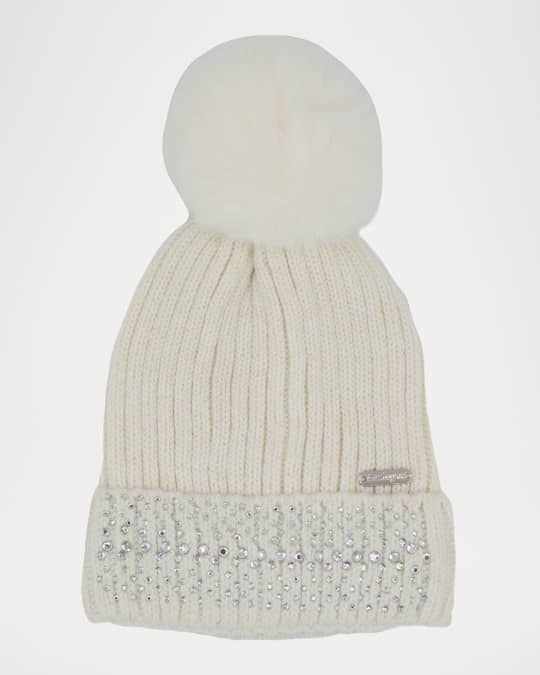 Girl's Crystalized Beanie with Faux Fur Pom  Pom