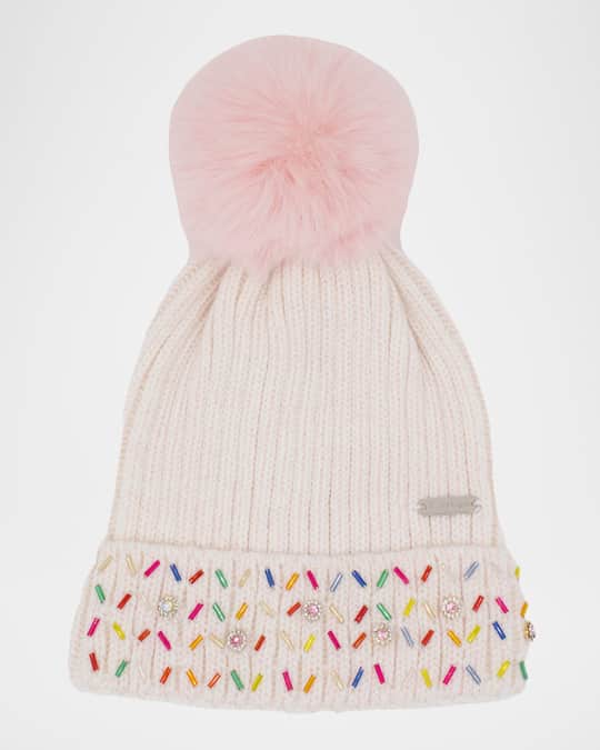 Girl's Crystalized Beanie with Faux Fur Pom Pom