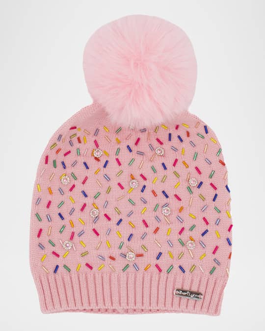Girl's Beanie with Charms & Faux Fur Pom Pom