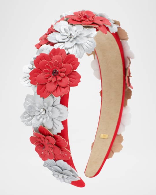 Girl's Headband W/ Faux Leather Metallic Flowers