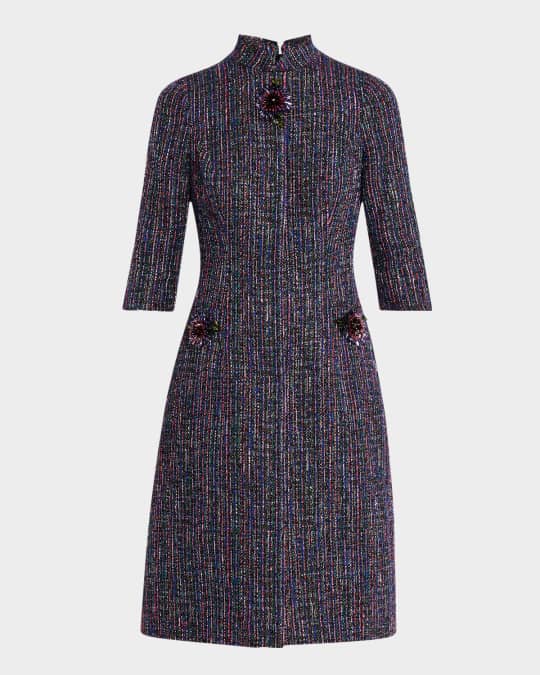 Elbow-Sleeve Metallic Tweed Dress