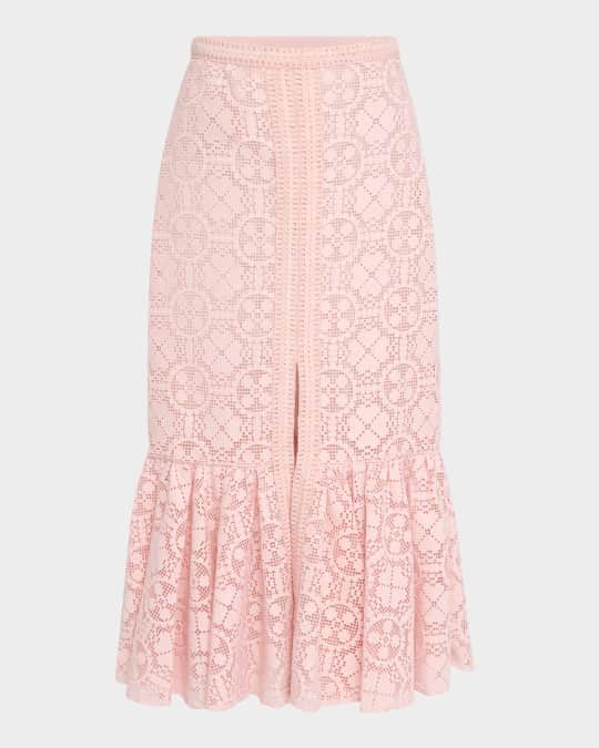 Giambattista Valli Lace Slit Ruffle Midi Skirt | Neiman Marcus