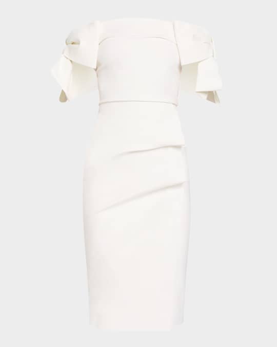 Bunjiree Off-Shoulder Bow Midi Sheath Dress
