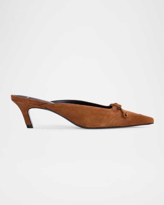 Suede Bow Wing-Tip Mule Pumps