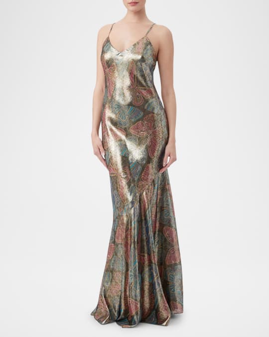 Trina Turk Arana Metallic Butterfly-Print Silk Gown | Neiman Marcus